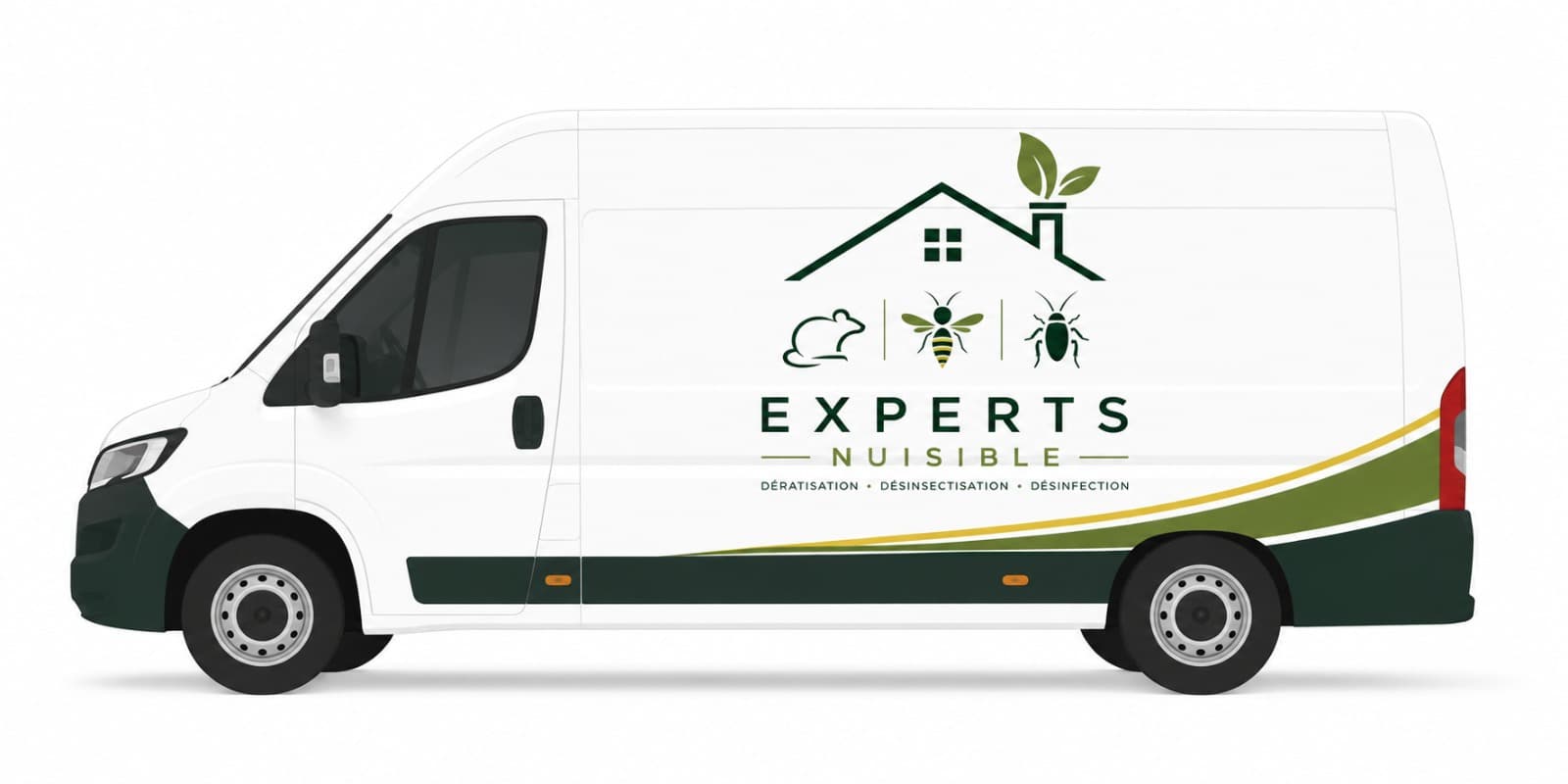 Camion utilitaire blanc floqué Experts Nuisible — dératisation, désinsectisation, désinfection