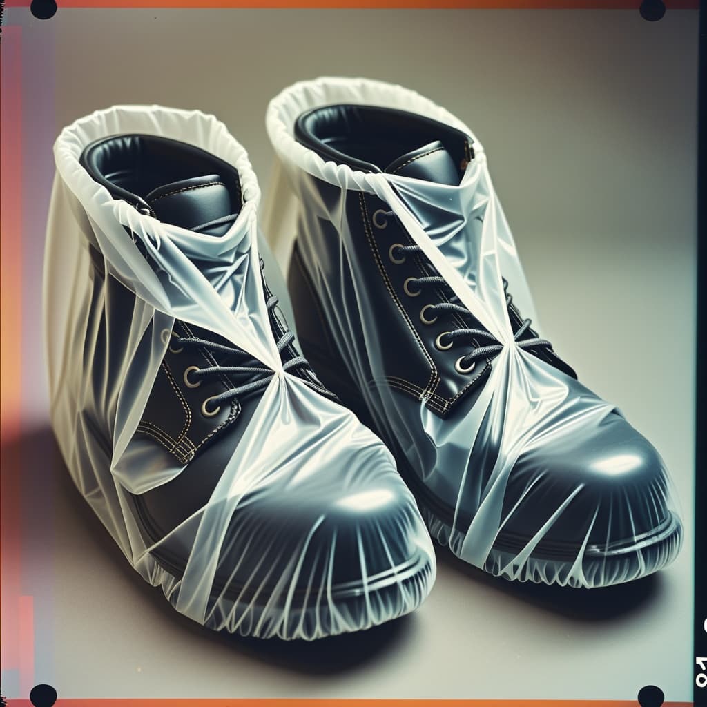 Surchaussures de protection jetables enfilées sur des chaussures de sécurité